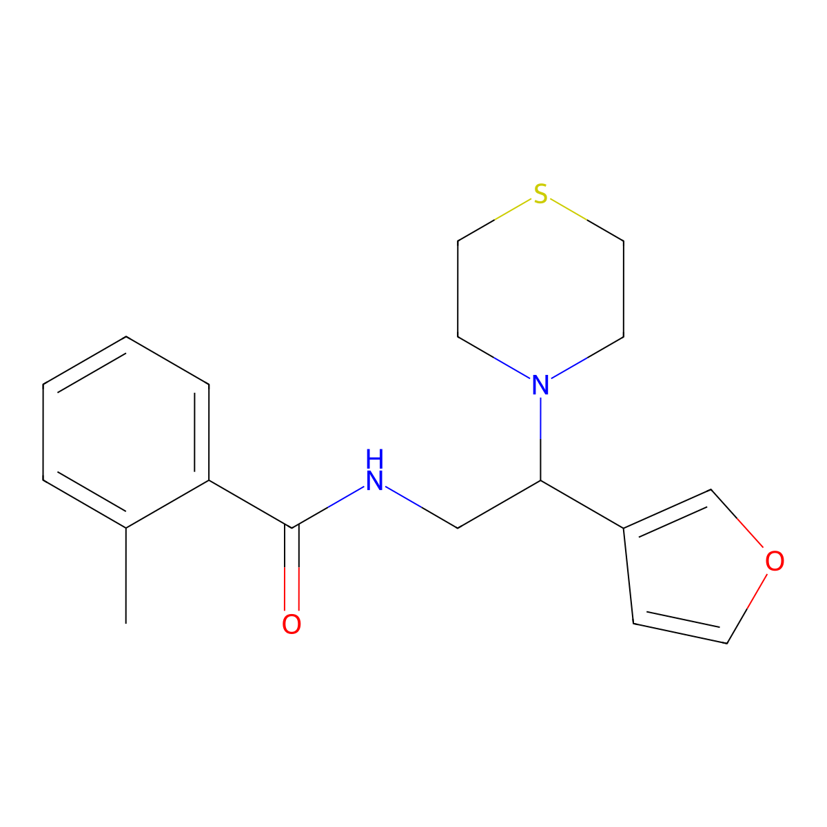 N-(2-(furan-3-yl)-2-thiomorpholinoethyl)-2-methylbenzamide molecular structure, CAS 2034572-64-8