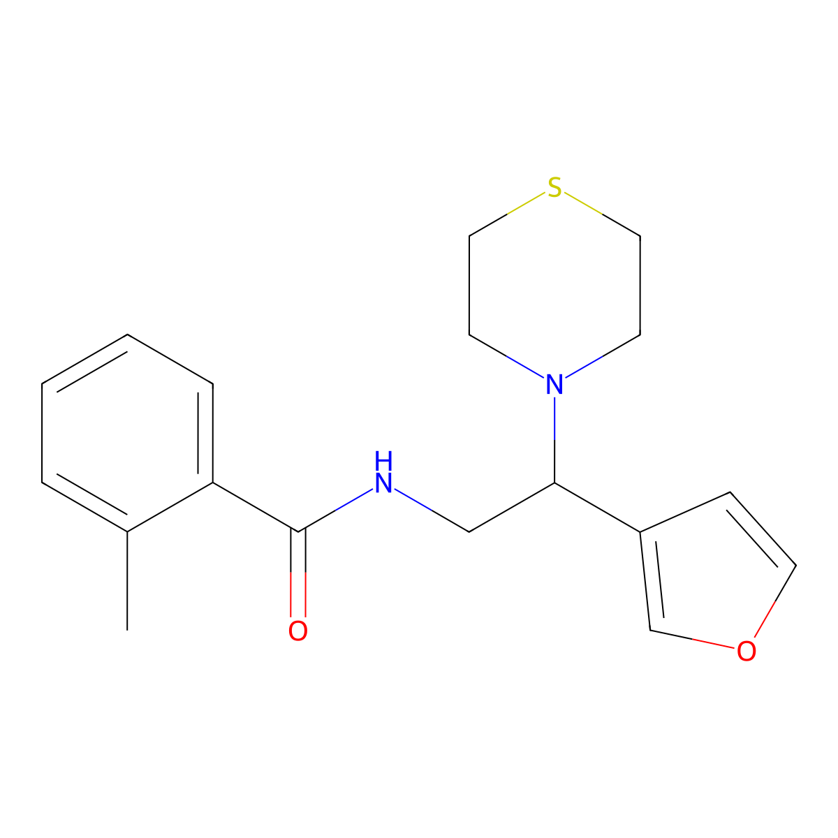 N-(2-(furan-3-yl)-2-thiomorpholinoethyl)-2-methylbenzamide molecular structure, CAS 2034572-64-8
