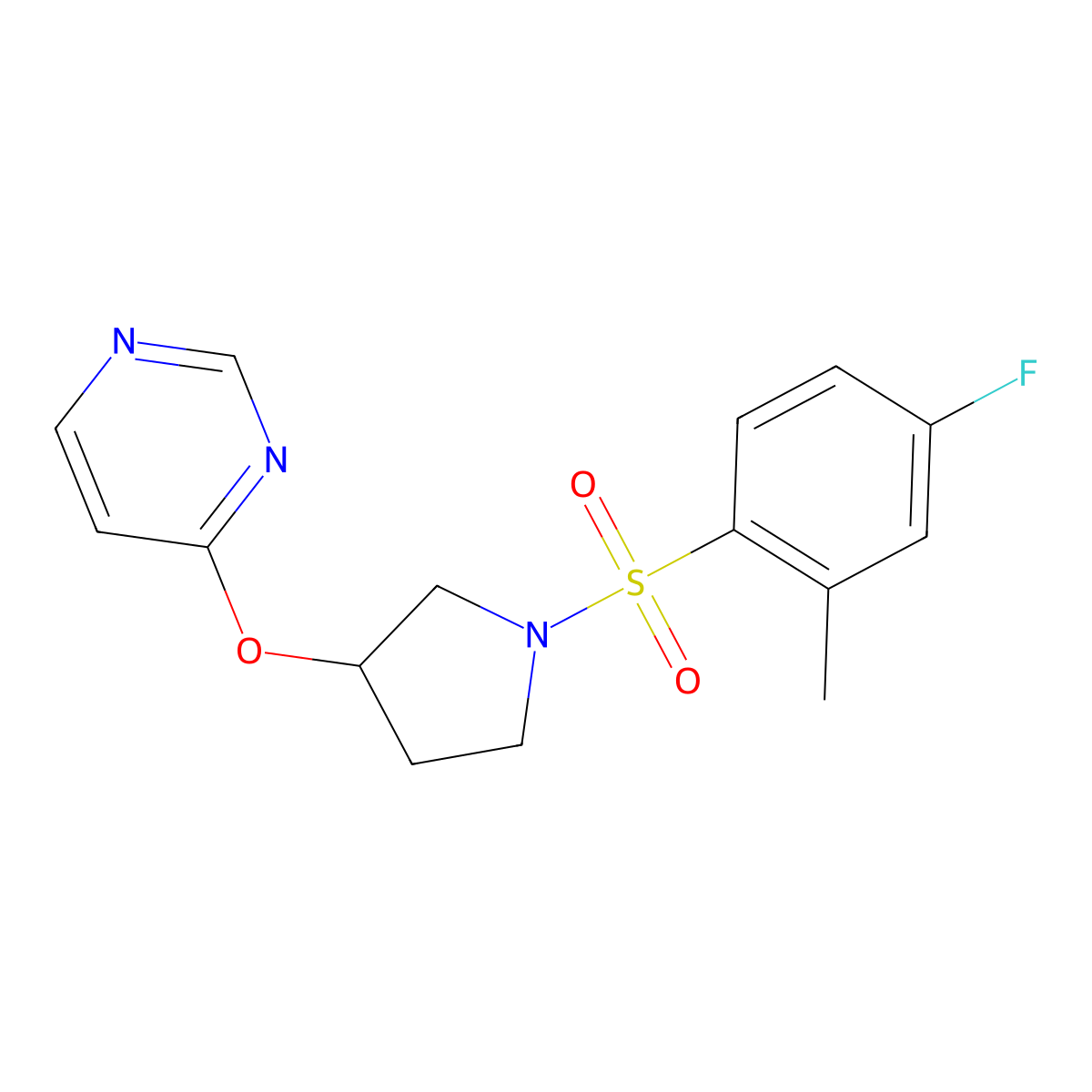 4-((1-((4-Fluoro-2-methylphenyl)sulfonyl)pyrrolidin-3-yl)oxy)pyrimidine molecular structure, CAS 2034572-67-1