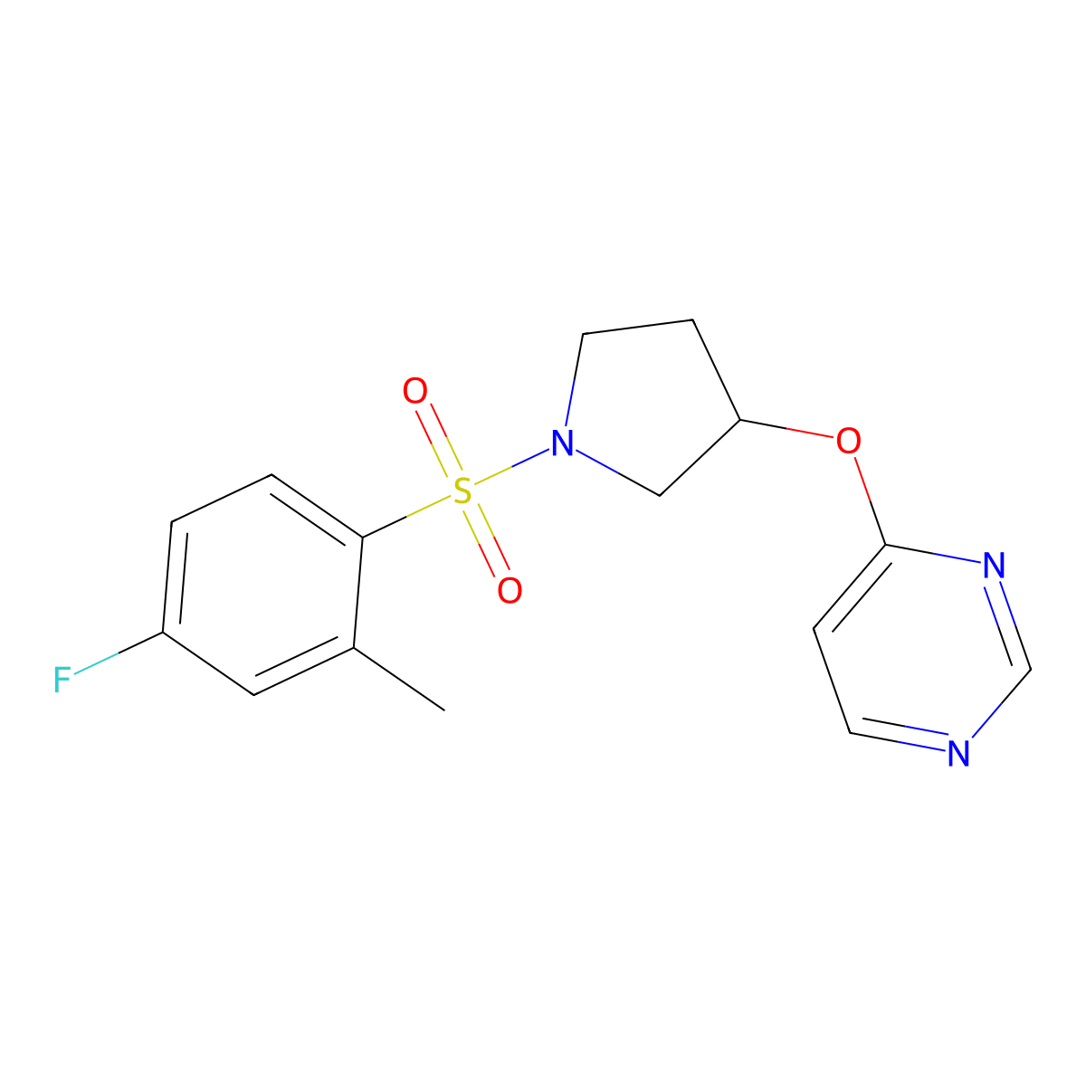 4-((1-((4-Fluoro-2-methylphenyl)sulfonyl)pyrrolidin-3-yl)oxy)pyrimidine molecular structure, CAS 2034572-67-1
