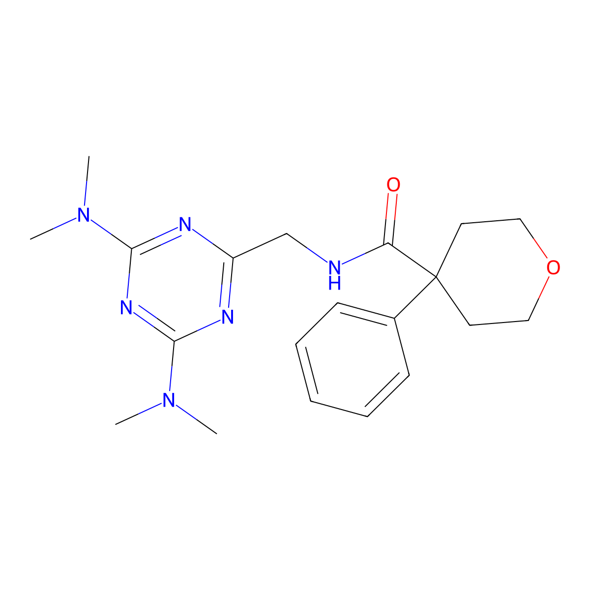 N-((4,6-bis(dimethylamino)-1,3,5-triazin-2-yl)methyl)-4-phenyltetrahydro-2H-pyran-4-carboxamide molecular structure, CAS 2034572-68-2