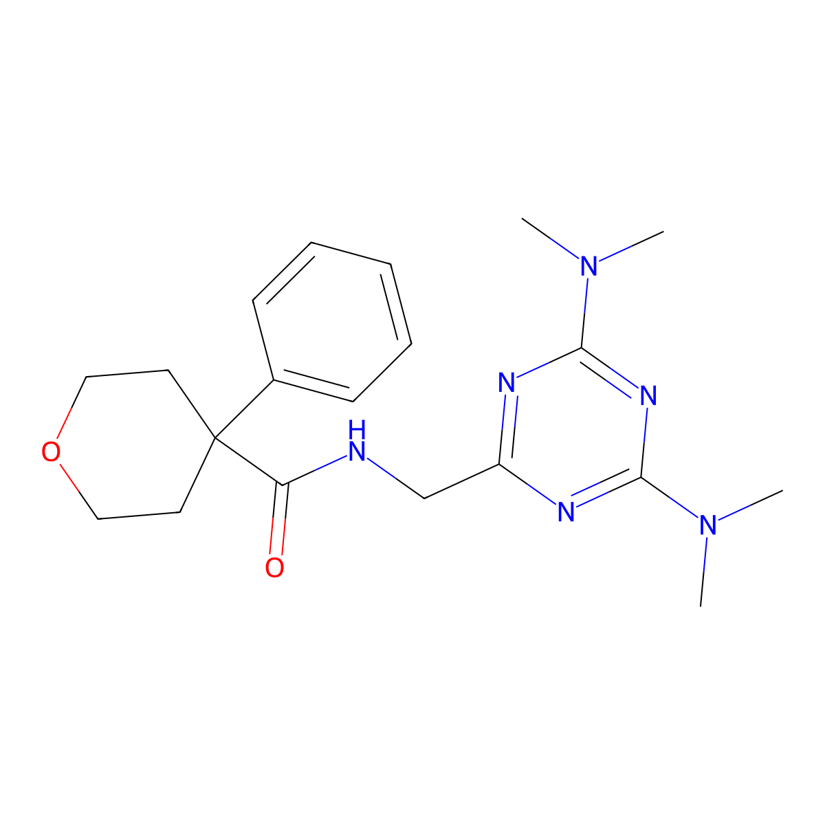 N-((4,6-bis(dimethylamino)-1,3,5-triazin-2-yl)methyl)-4-phenyltetrahydro-2H-pyran-4-carboxamide molecular structure, CAS 2034572-68-2