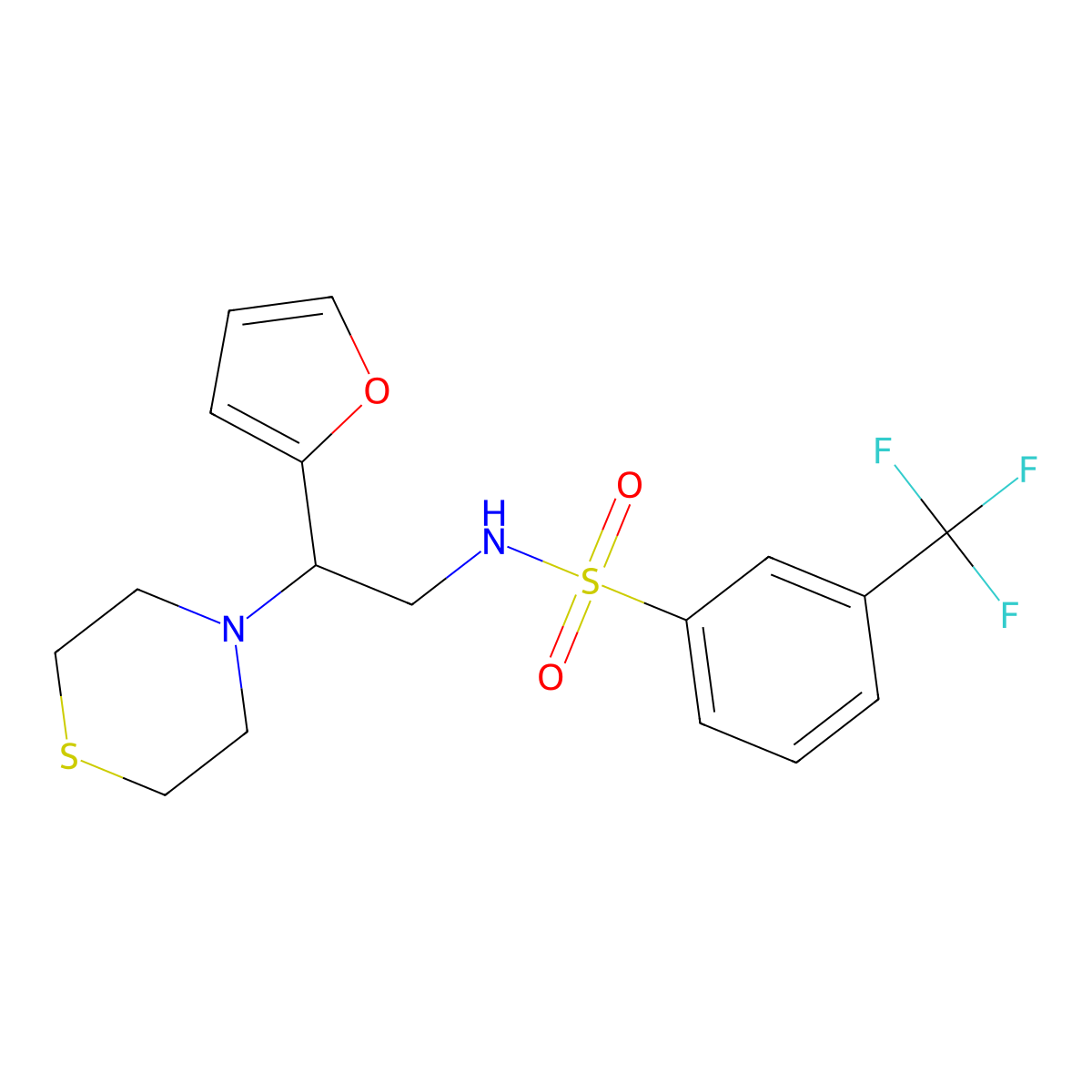 N-(2-(furan-2-yl)-2-thiomorpholinoethyl)-3-(trifluoromethyl)benzenesulfonamide molecular structure, CAS 2034572-69-3