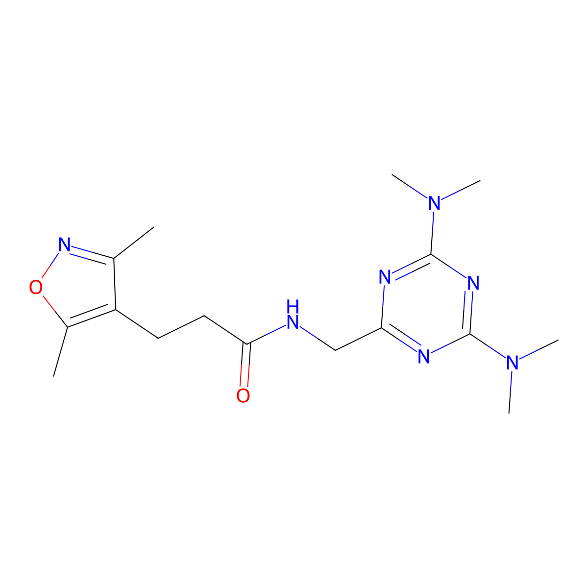 N-((4,6-bis(dimethylamino)-1,3,5-triazin-2-yl)methyl)-3-(3,5-dimethylisoxazol-4-yl)propanamide molecular structure, CAS 2034572-73-9