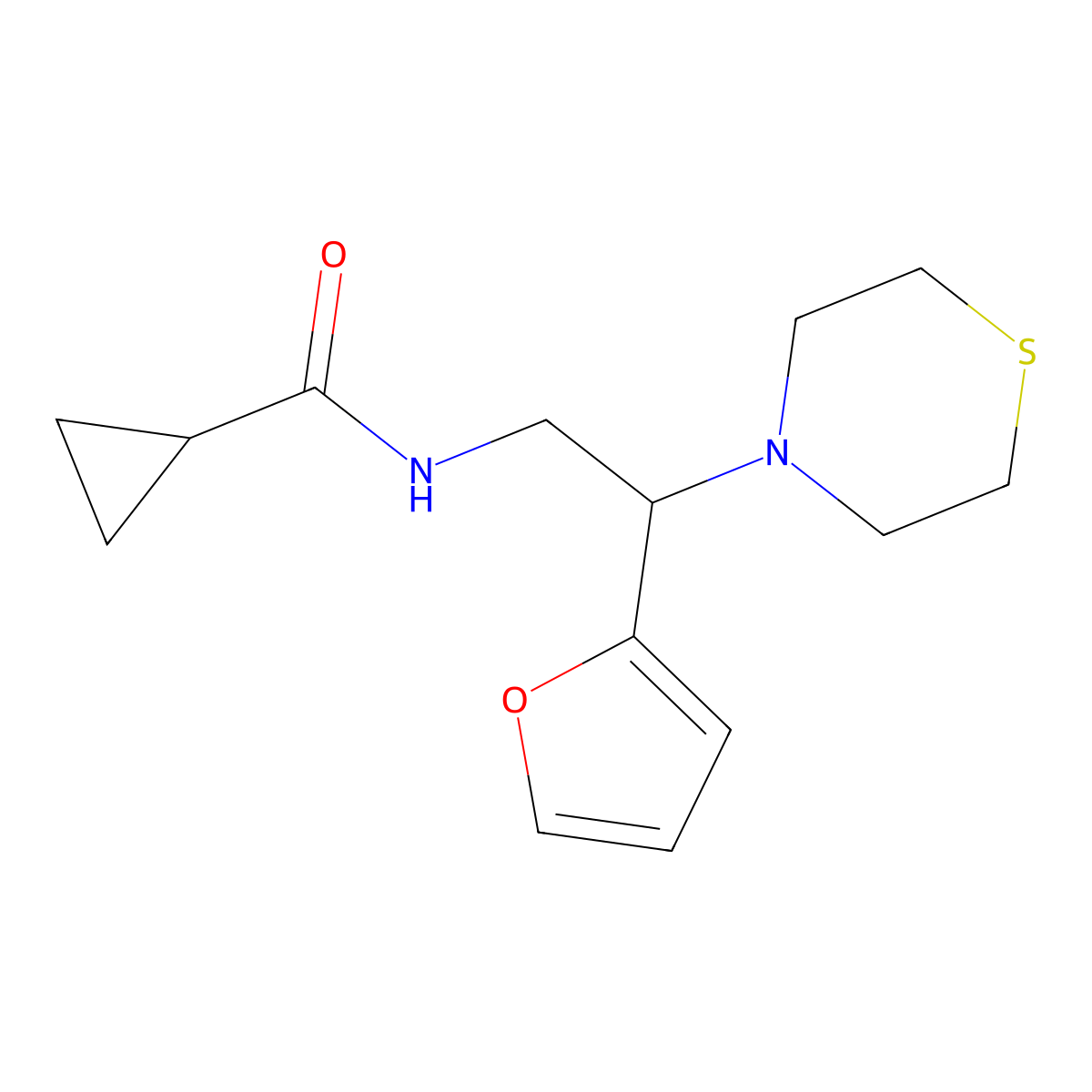N-(2-(furan-2-yl)-2-thiomorpholinoethyl)cyclopropanecarboxamide molecular structure, CAS 2034572-77-3