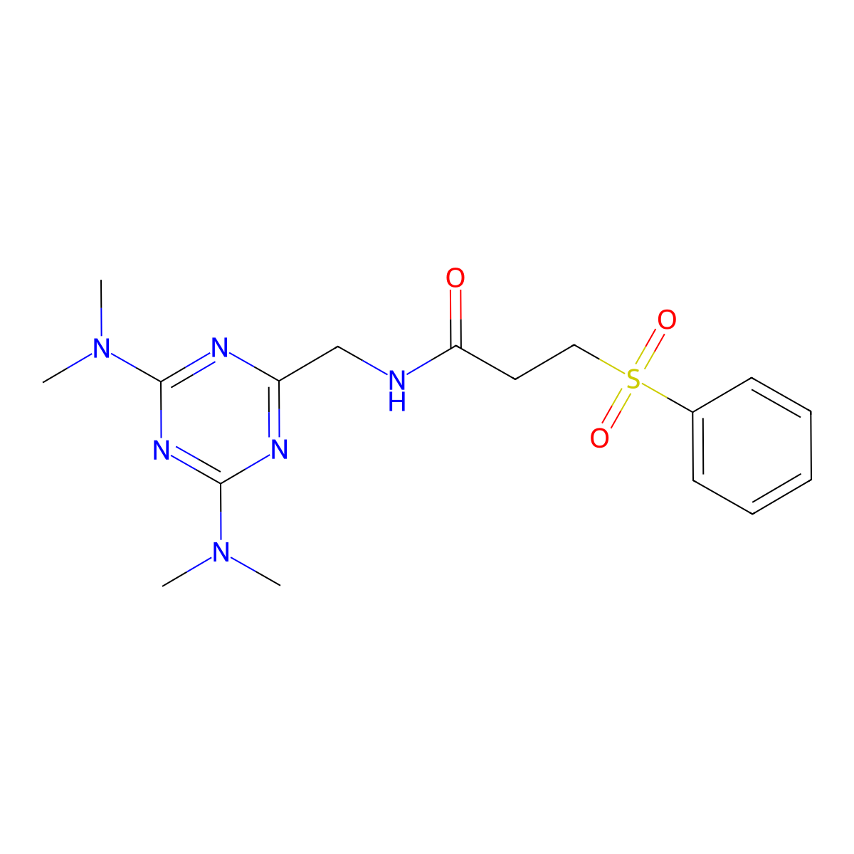 N-((4,6-bis(dimethylamino)-1,3,5-triazin-2-yl)methyl)-3-(phenylsulfonyl)propanamide molecular structure, CAS 2034572-80-8