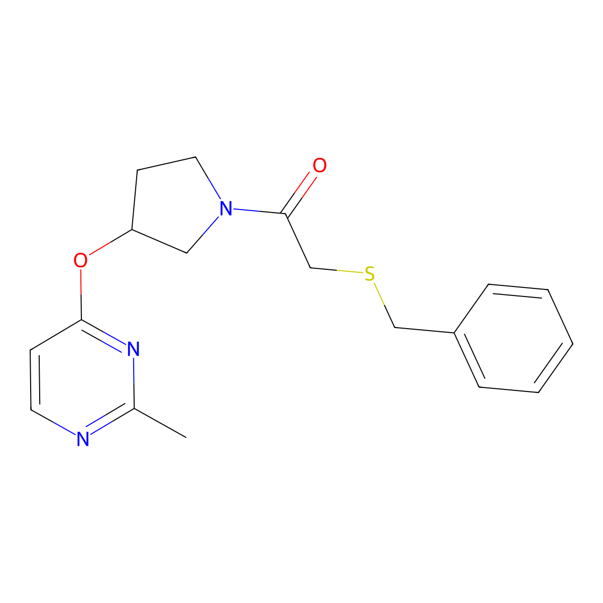 2-(Benzylthio)-1-(3-((2-methylpyrimidin-4-yl)oxy)pyrrolidin-1-yl)ethanone molecular structure, CAS 2034572-84-2