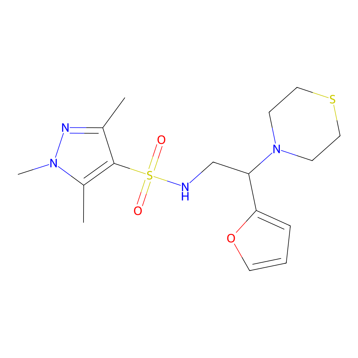 N-(2-(furan-2-yl)-2-thiomorpholinoethyl)-1,3,5-trimethyl-1H-pyrazole-4-sulfonamide molecular structure, CAS 2034572-85-3