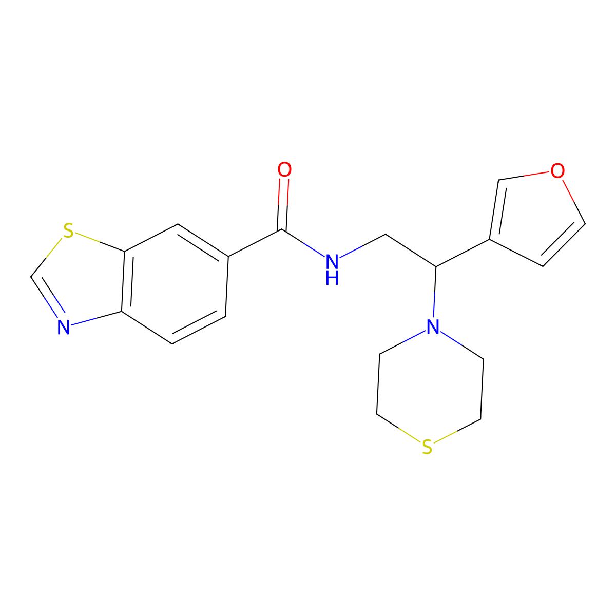 N-(2-(furan-3-yl)-2-thiomorpholinoethyl)benzo[d]thiazole-6-carboxamide molecular structure, CAS 2034572-90-0