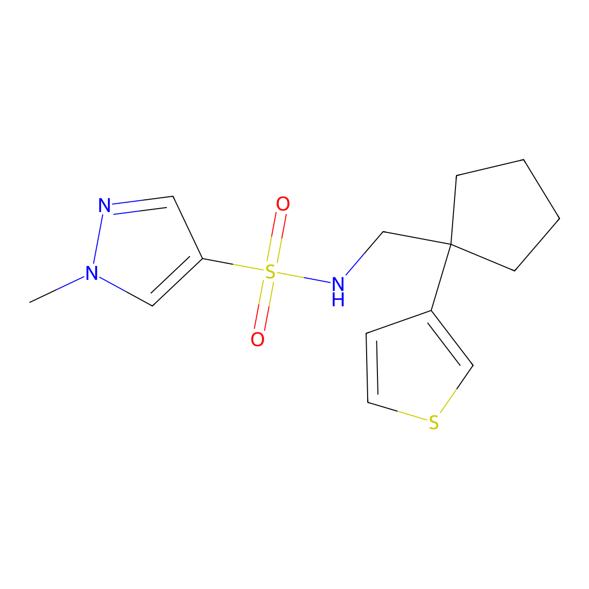 1-methyl-N-((1-(thiophen-3-yl)cyclopentyl)methyl)-1H-pyrazole-4-sulfonamide molecular structure, CAS 2034572-91-1