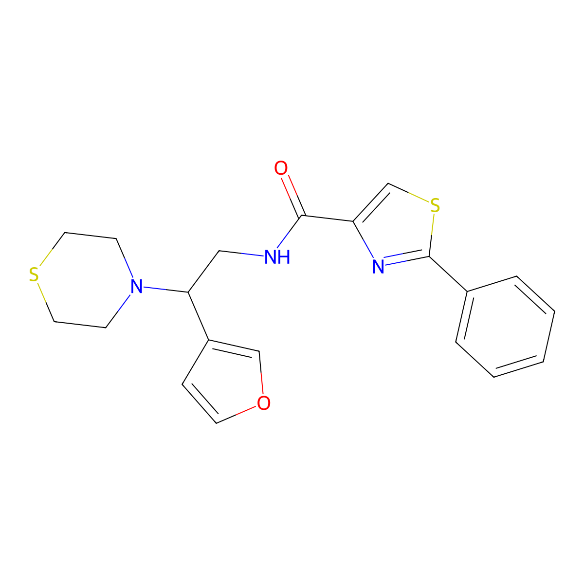 N-(2-(furan-3-yl)-2-thiomorpholinoethyl)-2-phenylthiazole-4-carboxamide molecular structure, CAS 2034572-93-3