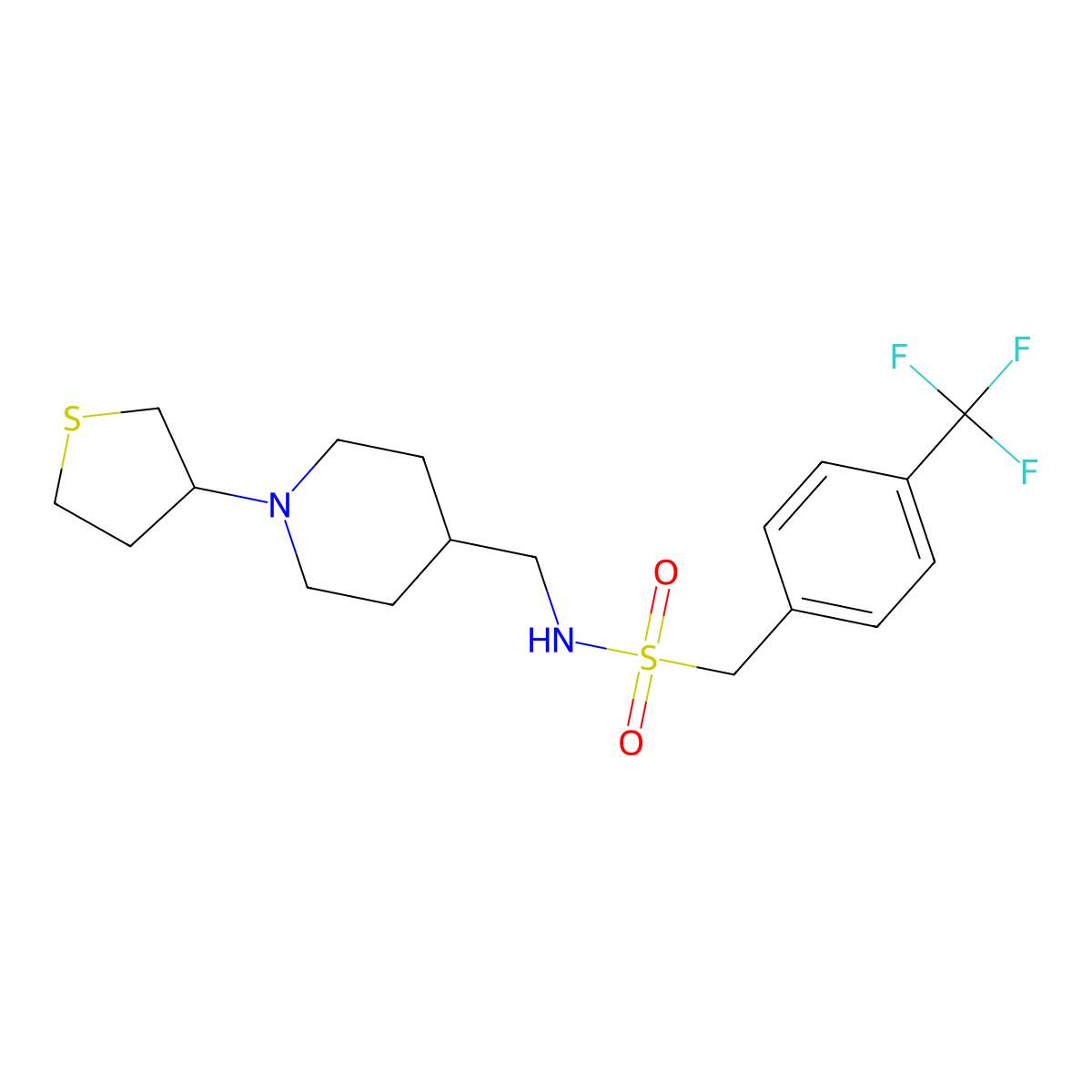 N-((1-(tetrahydrothiophen-3-yl)piperidin-4-yl)methyl)-1-(4-(trifluoromethyl)phenyl)methanesulfonamide molecular structure, CAS 2034572-94-4