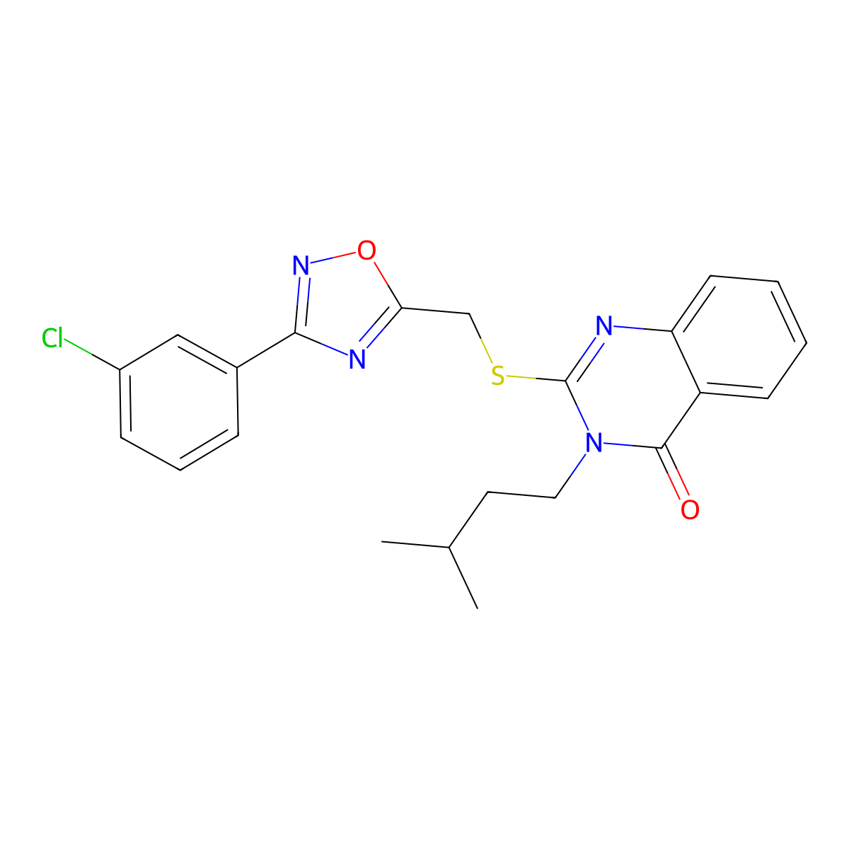 2-(((3-(3-chlorophenyl)-1,2,4-oxadiazol-5-yl)methyl)thio)-3-isopentylquinazolin-4(3H)-one molecular structure, CAS 2034572-98-8