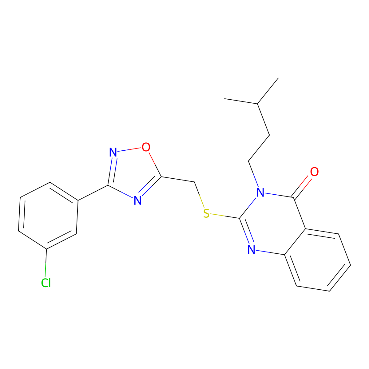 2-(((3-(3-chlorophenyl)-1,2,4-oxadiazol-5-yl)methyl)thio)-3-isopentylquinazolin-4(3H)-one molecular structure, CAS 2034572-98-8