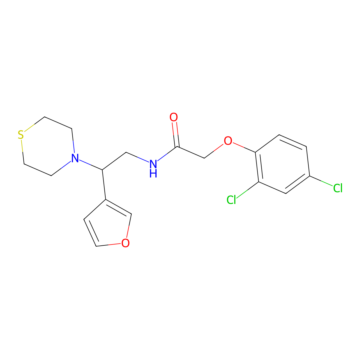 2-(2,4-dichlorophenoxy)-N-(2-(furan-3-yl)-2-thiomorpholinoethyl)acetamide molecular structure, CAS 2034572-99-9