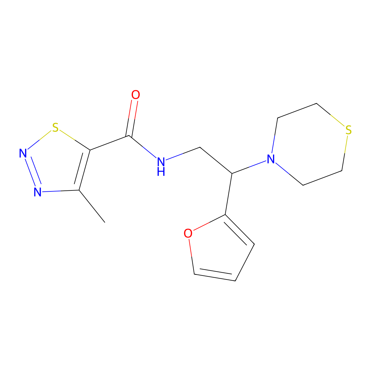 N-(2-(furan-2-yl)-2-thiomorpholinoethyl)-4-methyl-1,2,3-thiadiazole-5-carboxamide molecular structure, CAS 2034573-03-8