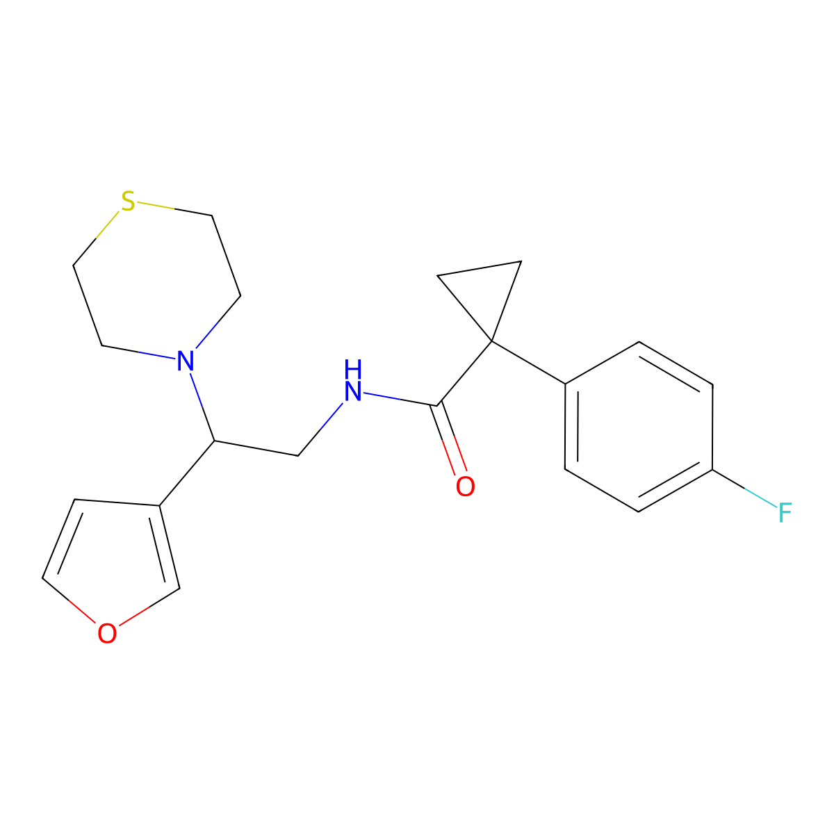 1-(4-fluorophenyl)-N-(2-(furan-3-yl)-2-thiomorpholinoethyl)cyclopropanecarboxamide molecular structure, CAS 2034573-07-2