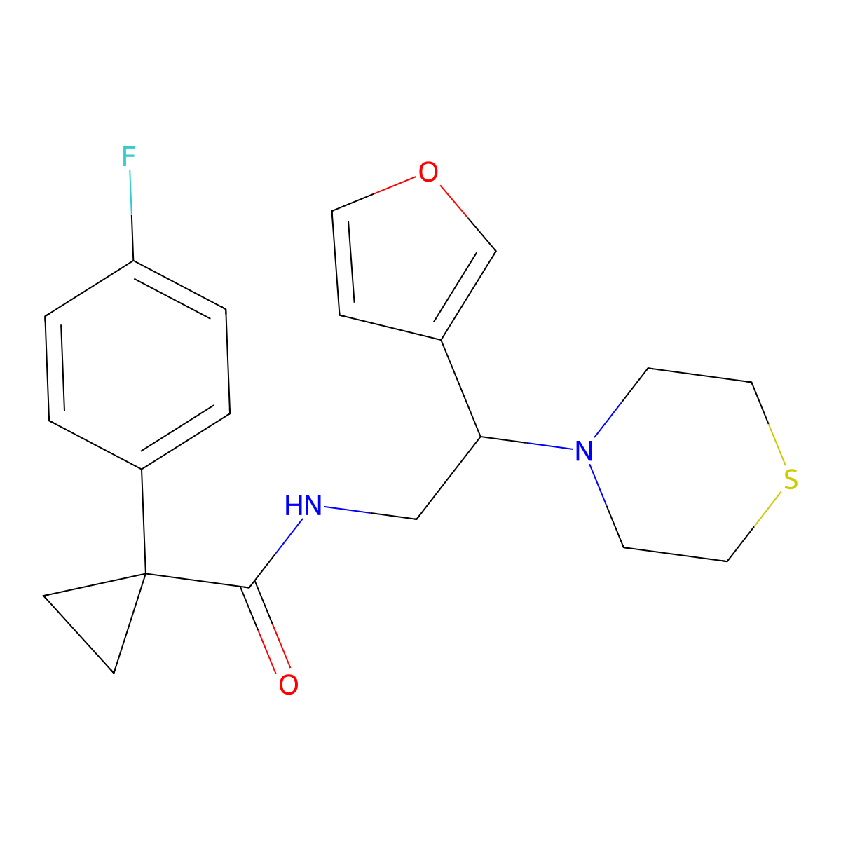 1-(4-fluorophenyl)-N-(2-(furan-3-yl)-2-thiomorpholinoethyl)cyclopropanecarboxamide molecular structure, CAS 2034573-07-2