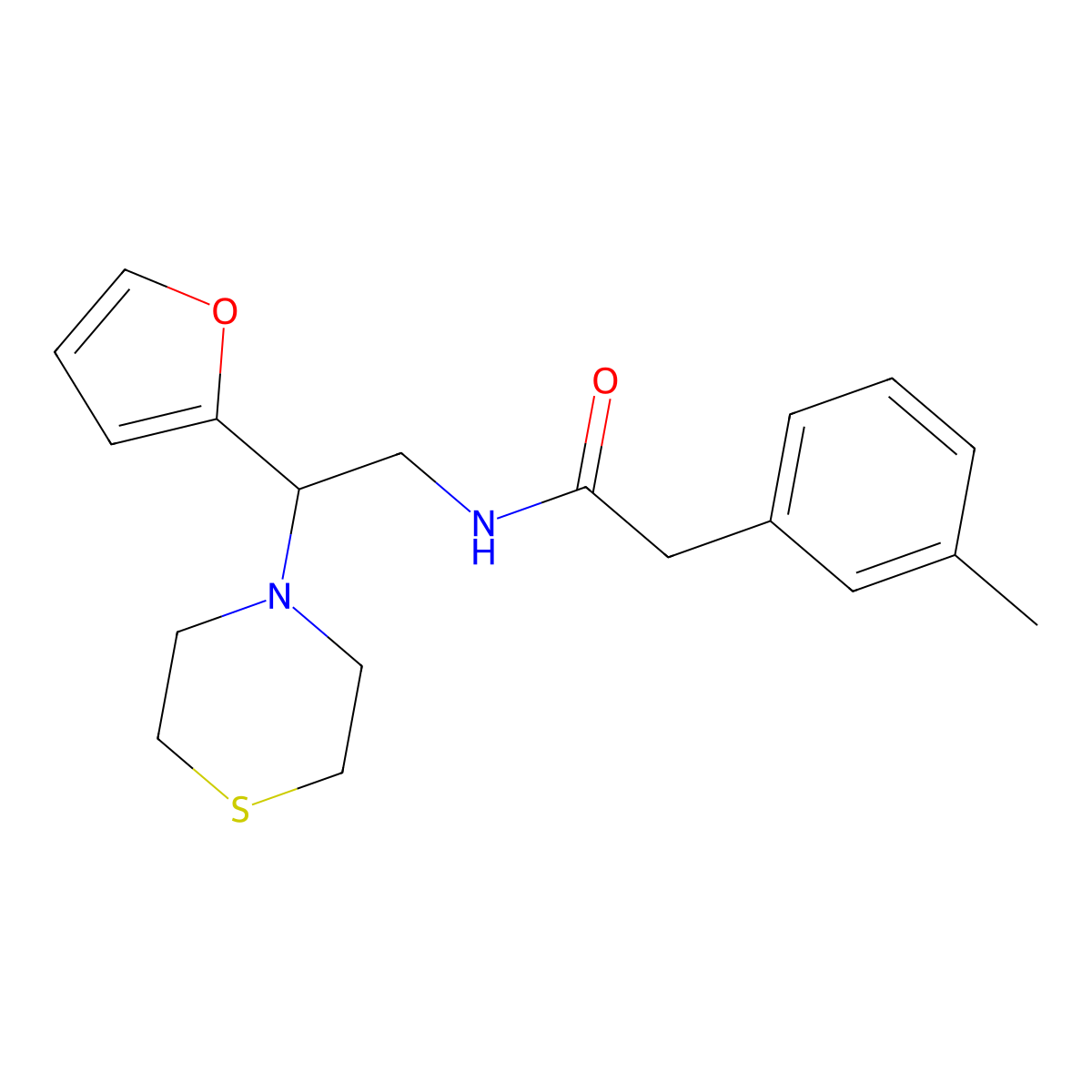 N-(2-(furan-2-yl)-2-thiomorpholinoethyl)-2-(m-tolyl)acetamide molecular structure, CAS 2034573-11-8