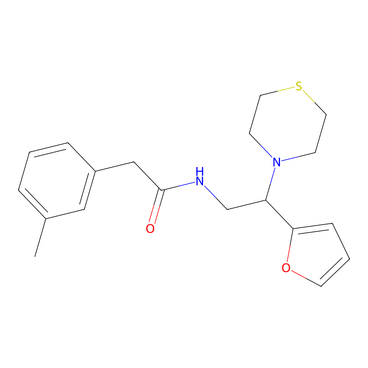N-(2-(furan-2-yl)-2-thiomorpholinoethyl)-2-(m-tolyl)acetamide molecular structure, CAS 2034573-11-8