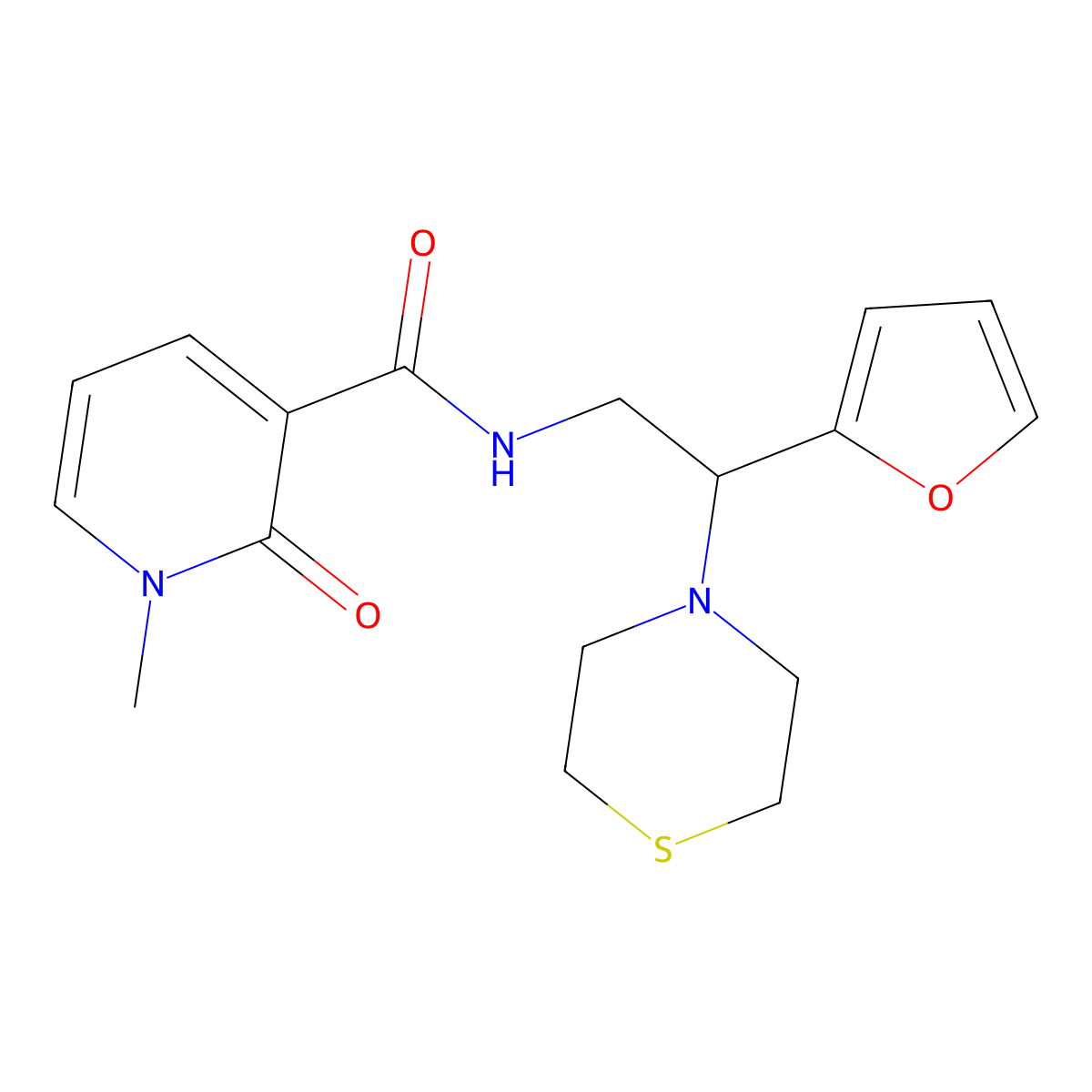 N-(2-(furan-2-yl)-2-thiomorpholinoethyl)-1-methyl-2-oxo-1,2-dihydropyridine-3-carboxamide molecular structure, CAS 2034573-21-0
