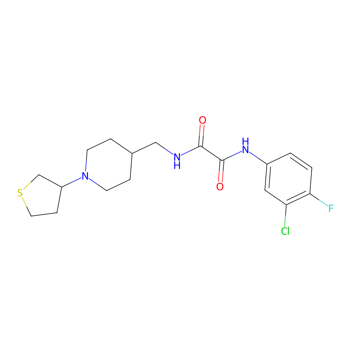 N1-(3-chloro-4-fluorophenyl)-N2-((1-(tetrahydrothiophen-3-yl)piperidin-4-yl)methyl)oxalamide molecular structure, CAS 2034573-33-4