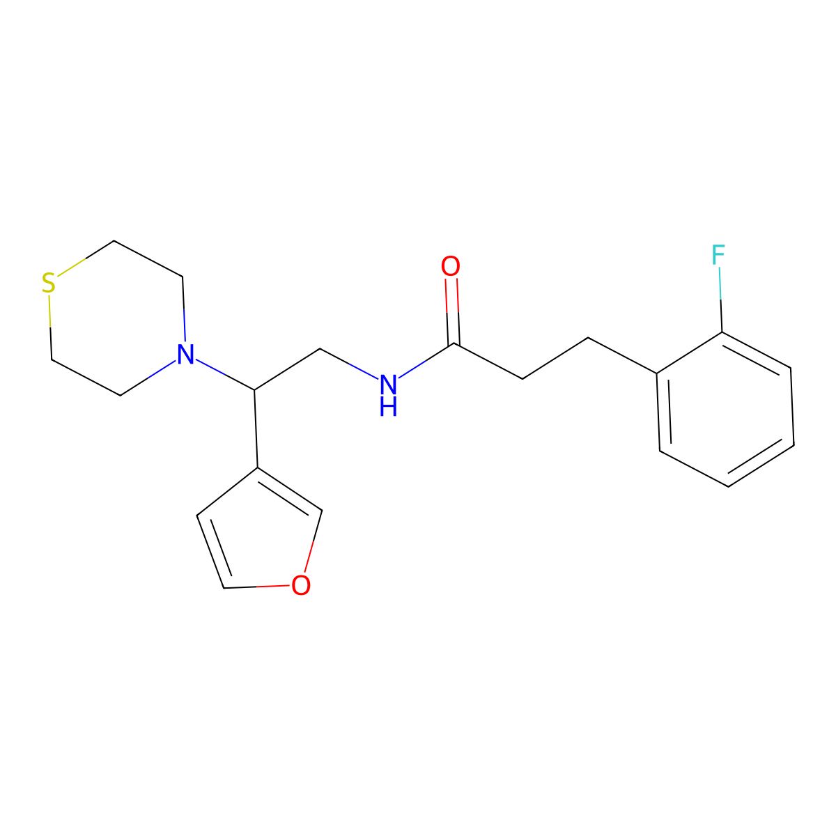 3-(2-fluorophenyl)-N-(2-(furan-3-yl)-2-thiomorpholinoethyl)propanamide molecular structure, CAS 2034573-38-9