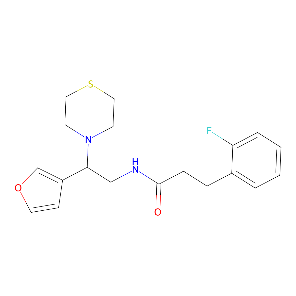 3-(2-fluorophenyl)-N-(2-(furan-3-yl)-2-thiomorpholinoethyl)propanamide molecular structure, CAS 2034573-38-9