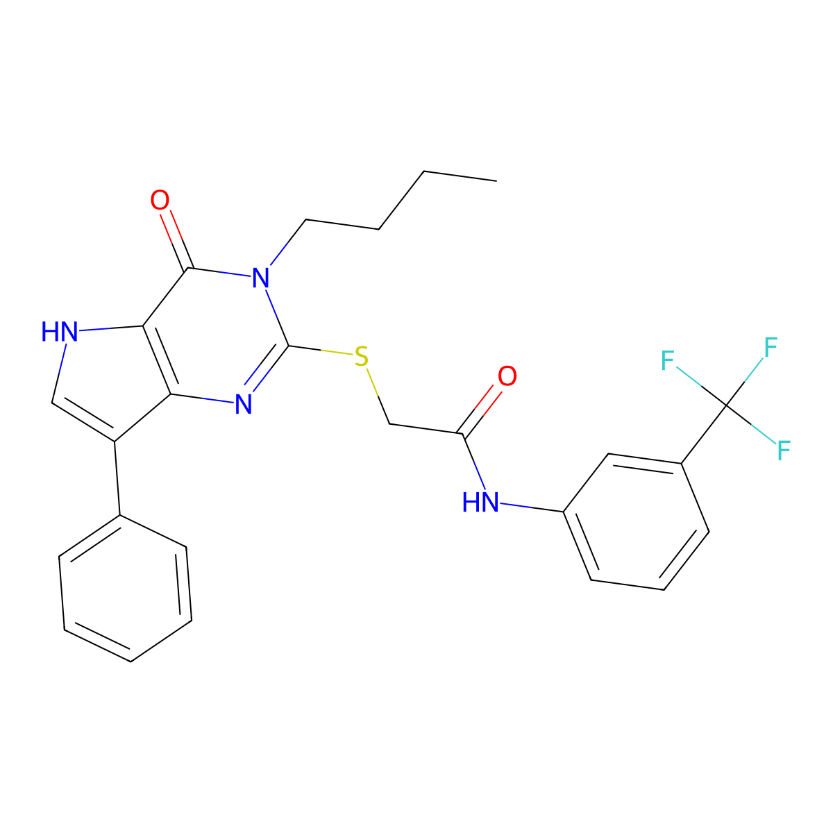 2-((3-butyl-4-oxo-7-phenyl-4,5-dihydro-3H-pyrrolo[3,2-d]pyrimidin-2-yl)thio)-N-(3-(trifluoromethyl)phenyl)acetamide molecular structure, CAS 2034573-40-3