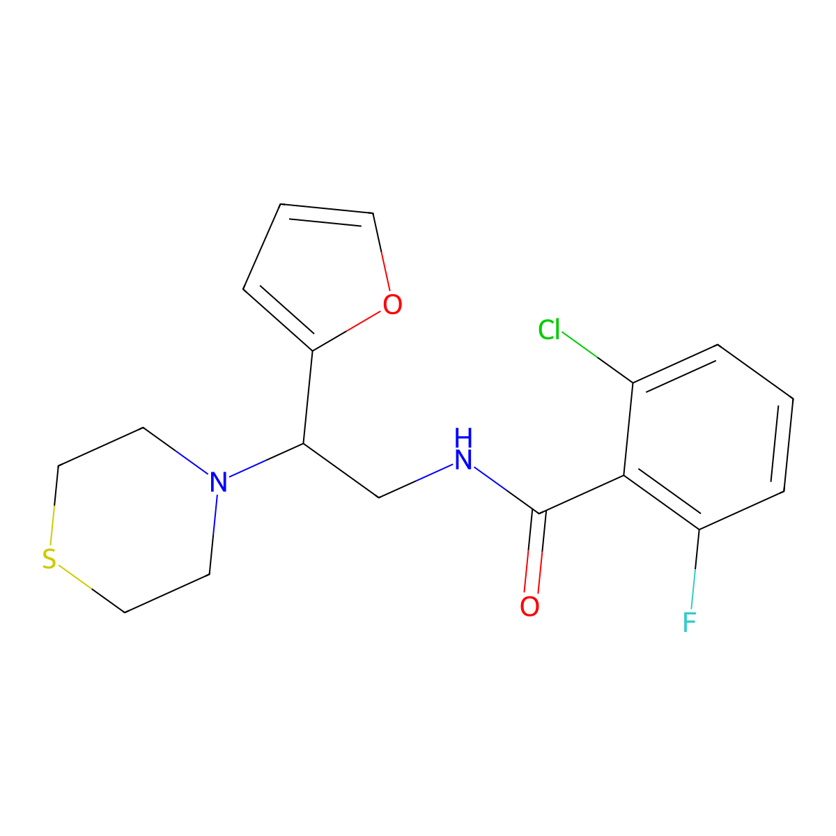 2-chloro-6-fluoro-N-(2-(furan-2-yl)-2-thiomorpholinoethyl)benzamide molecular structure, CAS 2034573-43-6