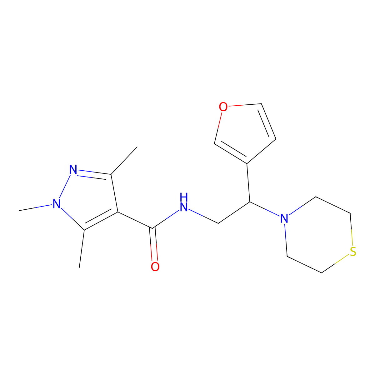 N-(2-(furan-3-yl)-2-thiomorpholinoethyl)-1,3,5-trimethyl-1H-pyrazole-4-carboxamide molecular structure, CAS 2034573-44-7