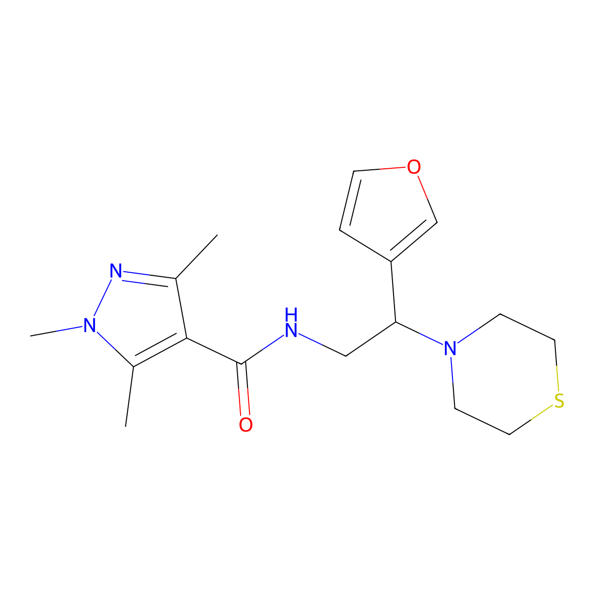 N-(2-(furan-3-yl)-2-thiomorpholinoethyl)-1,3,5-trimethyl-1H-pyrazole-4-carboxamide molecular structure, CAS 2034573-44-7