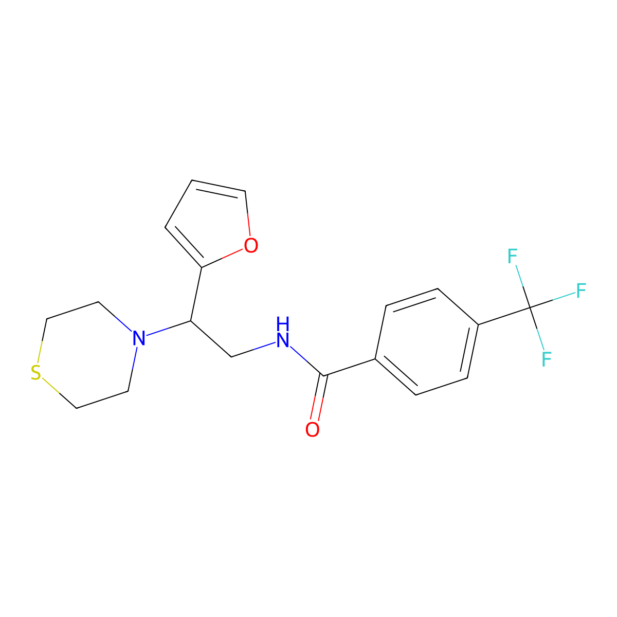 N-(2-(furan-2-yl)-2-thiomorpholinoethyl)-4-(trifluoromethyl)benzamide molecular structure, CAS 2034573-46-9