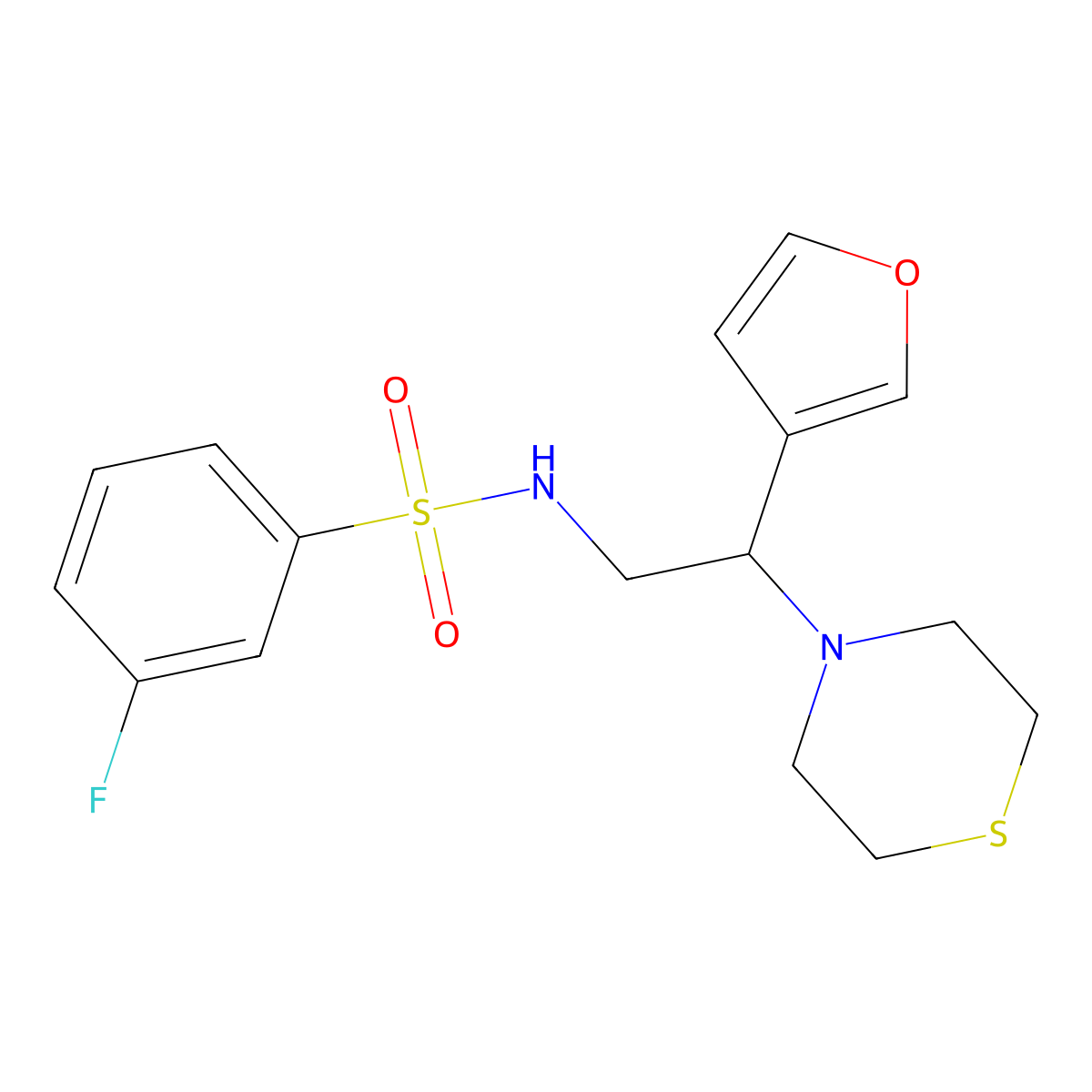 3-fluoro-N-(2-(furan-3-yl)-2-thiomorpholinoethyl)benzenesulfonamide molecular structure, CAS 2034573-51-6