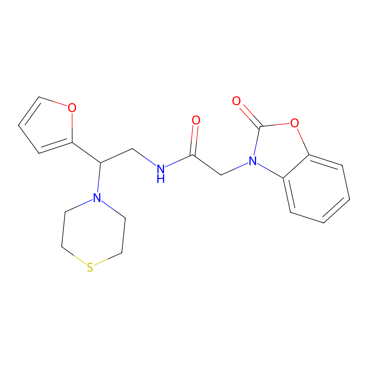 N-(2-(furan-2-yl)-2-thiomorpholinoethyl)-2-(2-oxobenzo[d]oxazol-3(2H)-yl)acetamide molecular structure, CAS 2034573-52-7