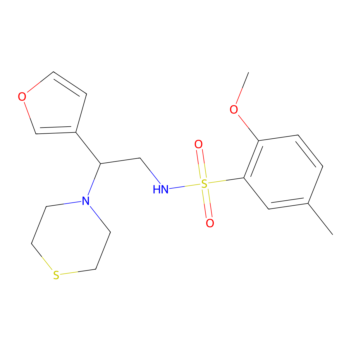 N-(2-(furan-3-yl)-2-thiomorpholinoethyl)-2-methoxy-5-methylbenzenesulfonamide molecular structure, CAS 2034573-55-0