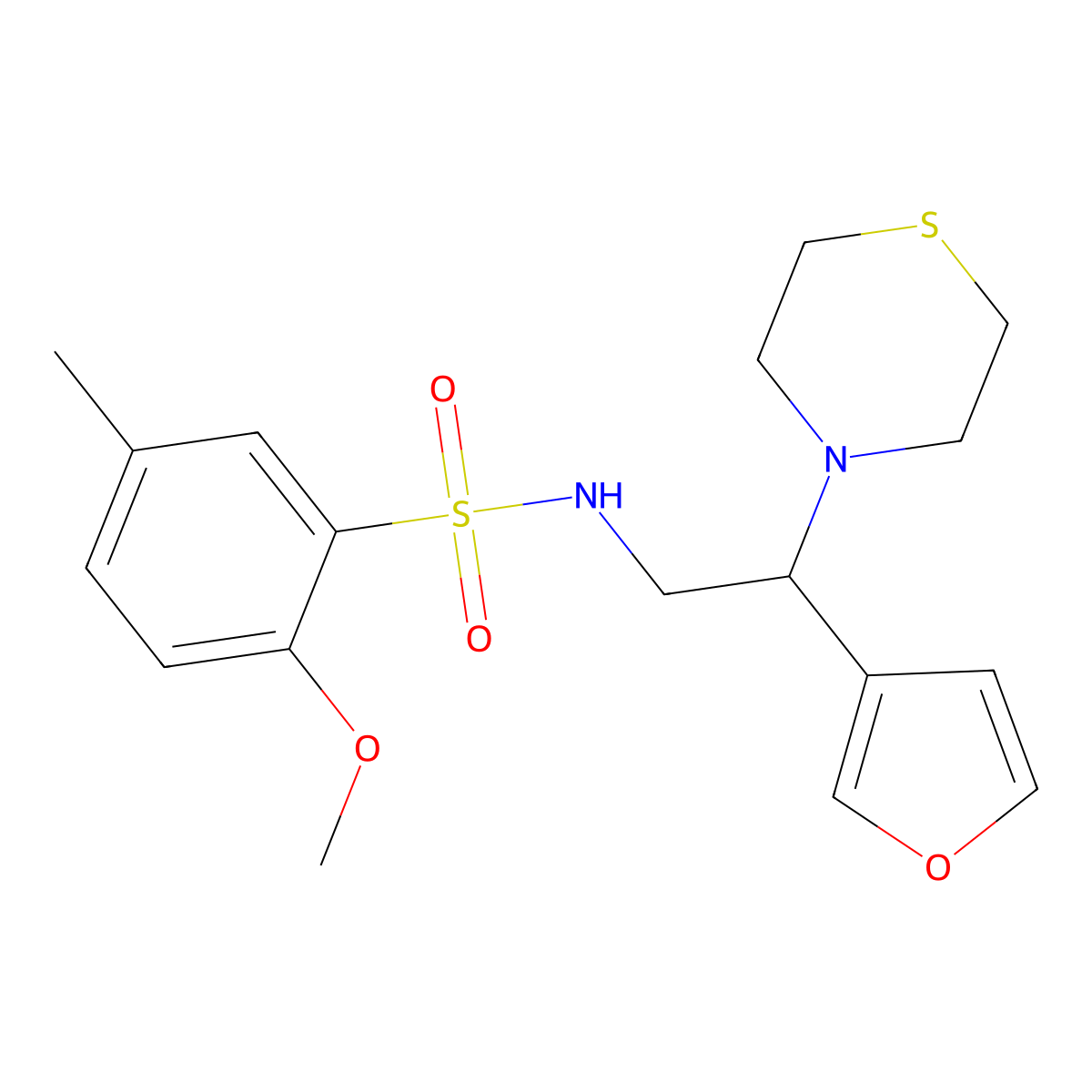 N-(2-(furan-3-yl)-2-thiomorpholinoethyl)-2-methoxy-5-methylbenzenesulfonamide molecular structure, CAS 2034573-55-0