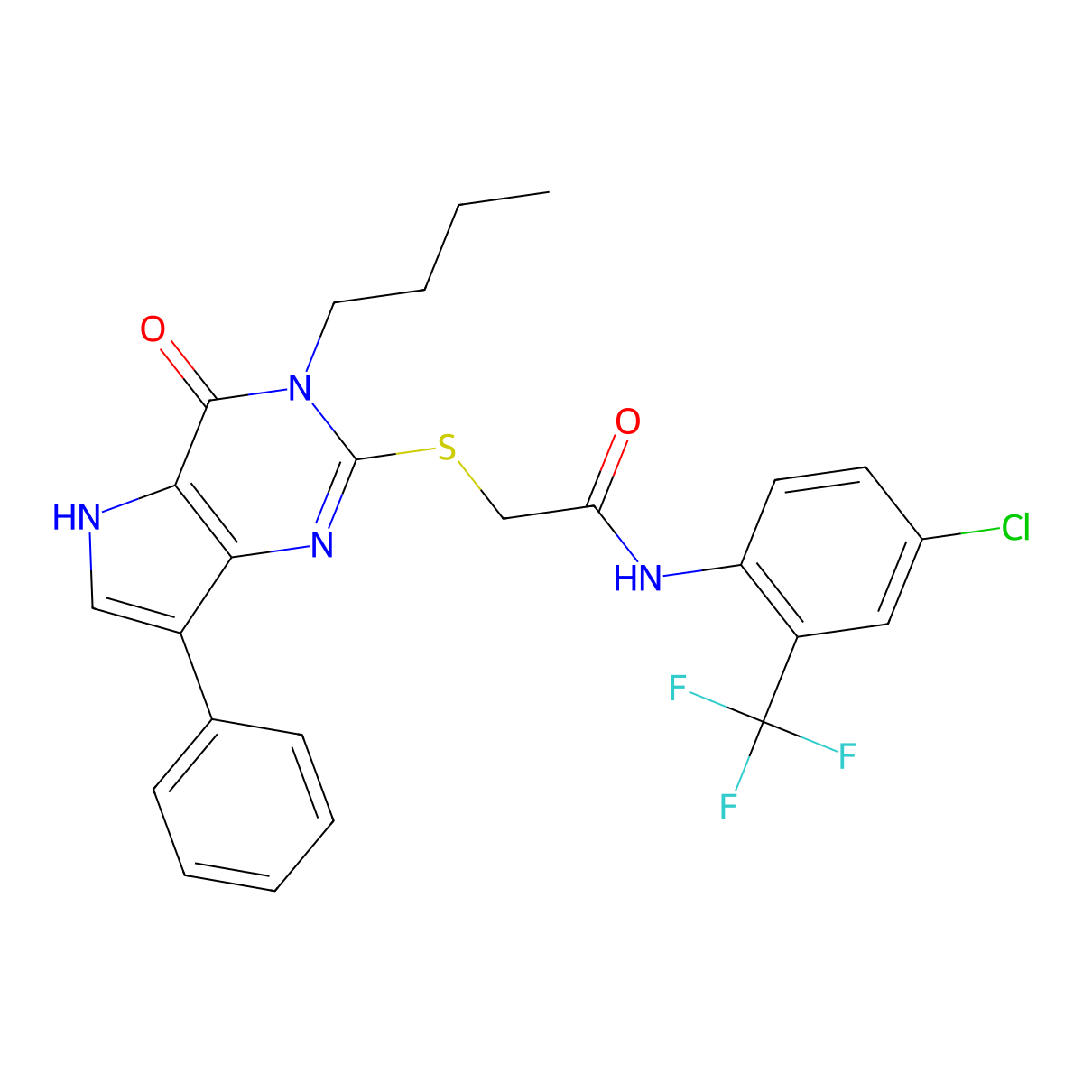 2-((3-butyl-4-oxo-7-phenyl-4,5-dihydro-3H-pyrrolo[3,2-d]pyrimidin-2-yl)thio)-N-(4-chloro-2-(trifluoromethyl)phenyl)acetamide molecular structure, CAS 2034573-57-2