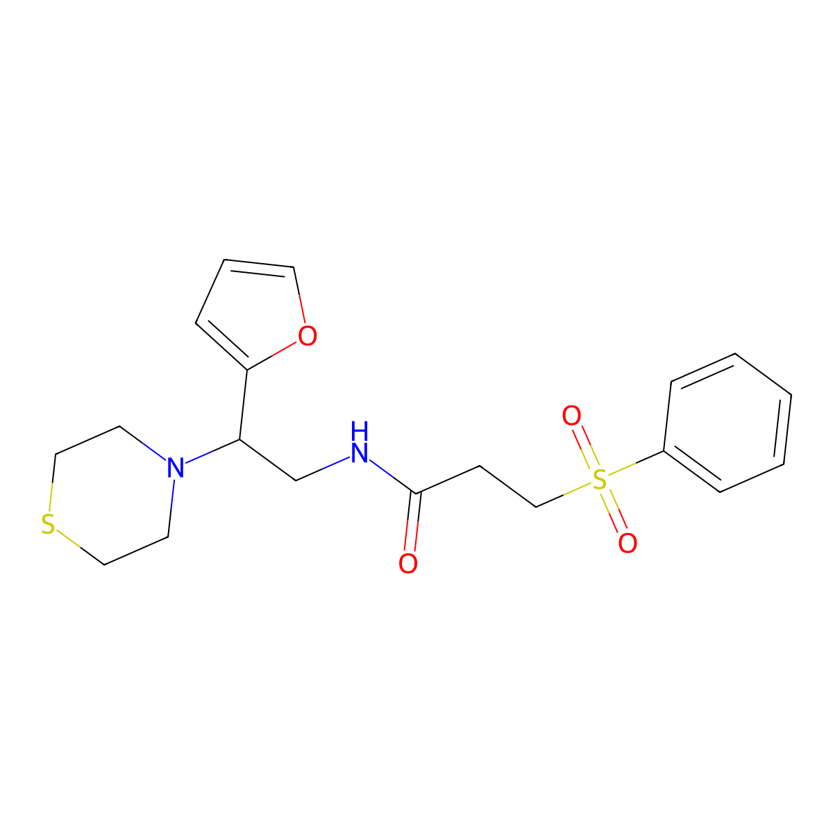 N-(2-(furan-2-yl)-2-thiomorpholinoethyl)-3-(phenylsulfonyl)propanamide molecular structure, CAS 2034573-59-4