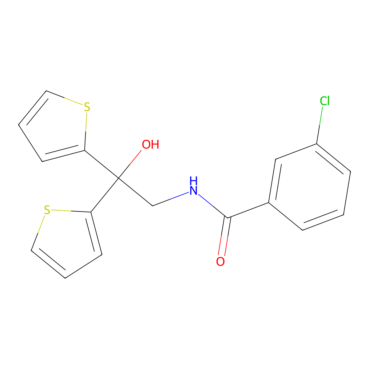3-chloro-N-(2-hydroxy-2,2-di(thiophen-2-yl)ethyl)benzamide molecular structure, CAS 2034573-60-7