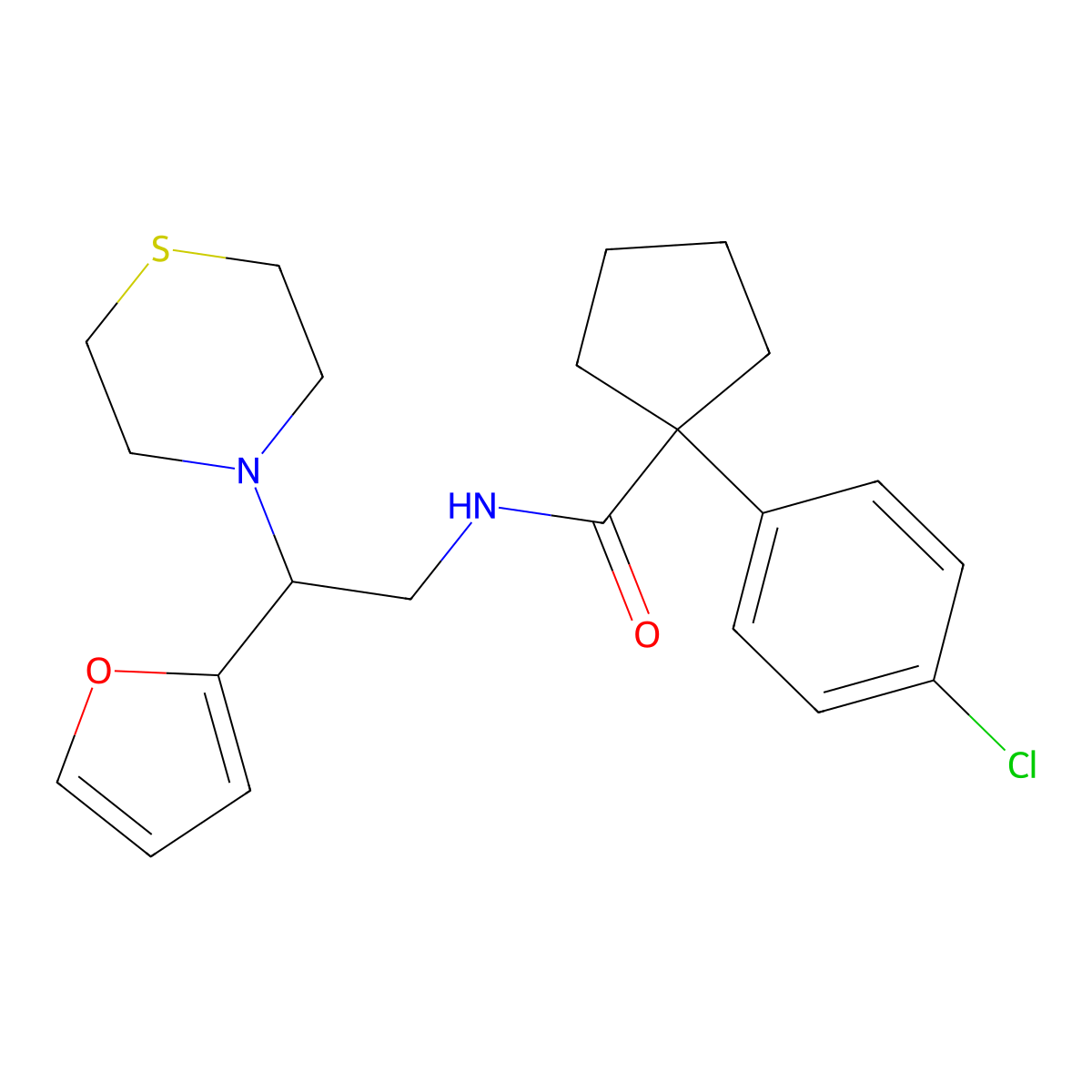 1-(4-chlorophenyl)-N-(2-(furan-2-yl)-2-thiomorpholinoethyl)cyclopentanecarboxamide molecular structure, CAS 2034573-67-4