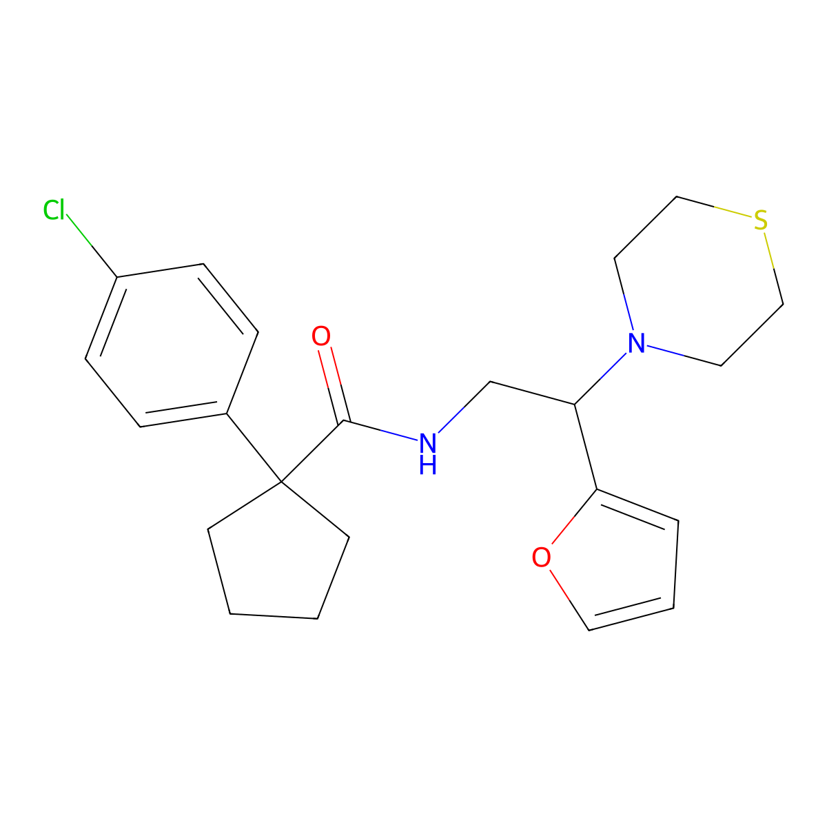 1-(4-chlorophenyl)-N-(2-(furan-2-yl)-2-thiomorpholinoethyl)cyclopentanecarboxamide molecular structure, CAS 2034573-67-4