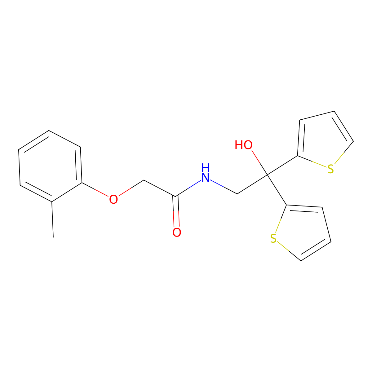 N-(2-hydroxy-2,2-di(thiophen-2-yl)ethyl)-2-(o-tolyloxy)acetamide molecular structure, CAS 2034573-70-9