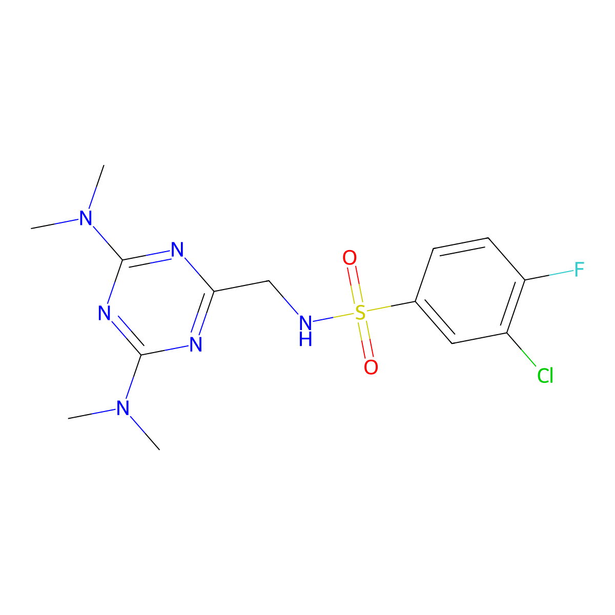 N-((4,6-bis(dimethylamino)-1,3,5-triazin-2-yl)methyl)-3-chloro-4-fluorobenzenesulfonamide molecular structure, CAS 2034573-72-1