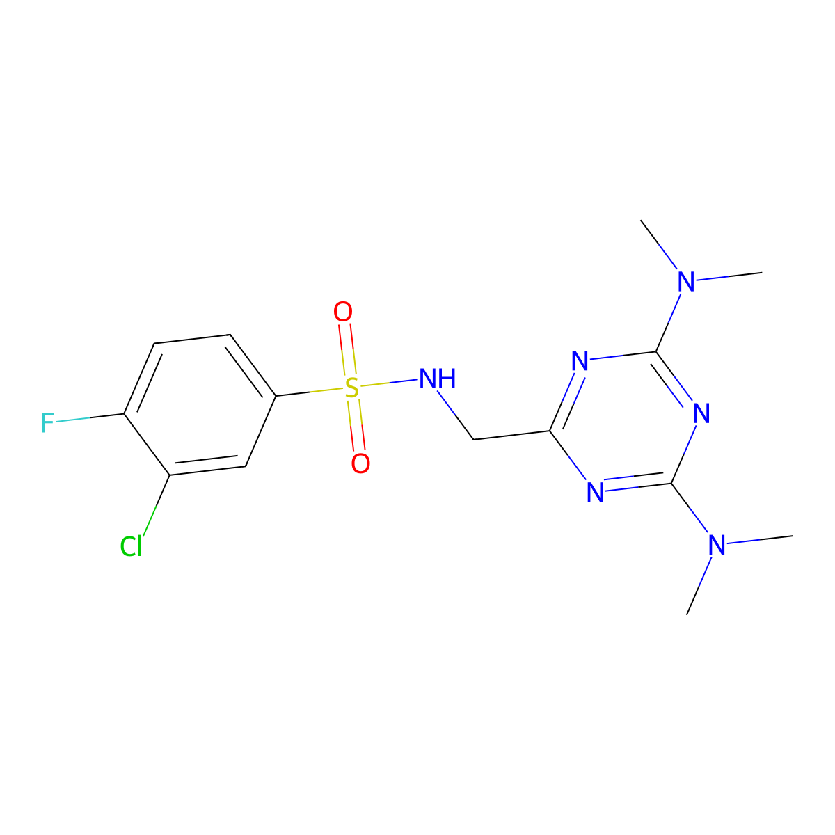 N-((4,6-bis(dimethylamino)-1,3,5-triazin-2-yl)methyl)-3-chloro-4-fluorobenzenesulfonamide molecular structure, CAS 2034573-72-1
