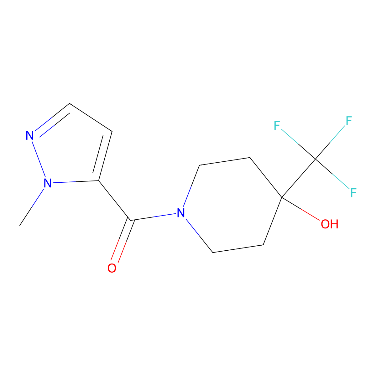 1-(1-methyl-1H-pyrazole-5-carbonyl)-4-(trifluoromethyl)piperidin-4-ol molecular structure, CAS 2034573-74-3