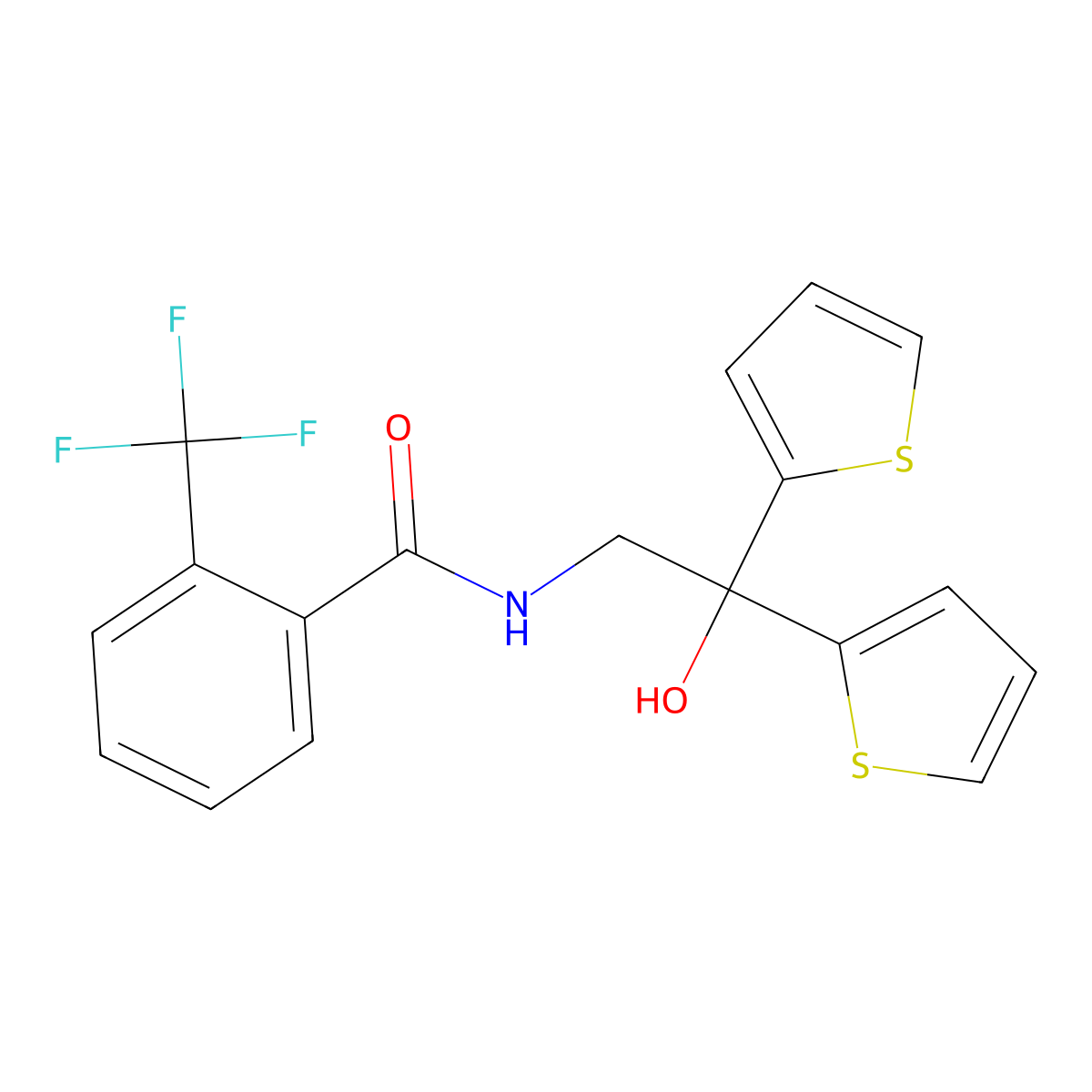 N-(2-hydroxy-2,2-di(thiophen-2-yl)ethyl)-2-(trifluoromethyl)benzamide molecular structure, CAS 2034573-78-7