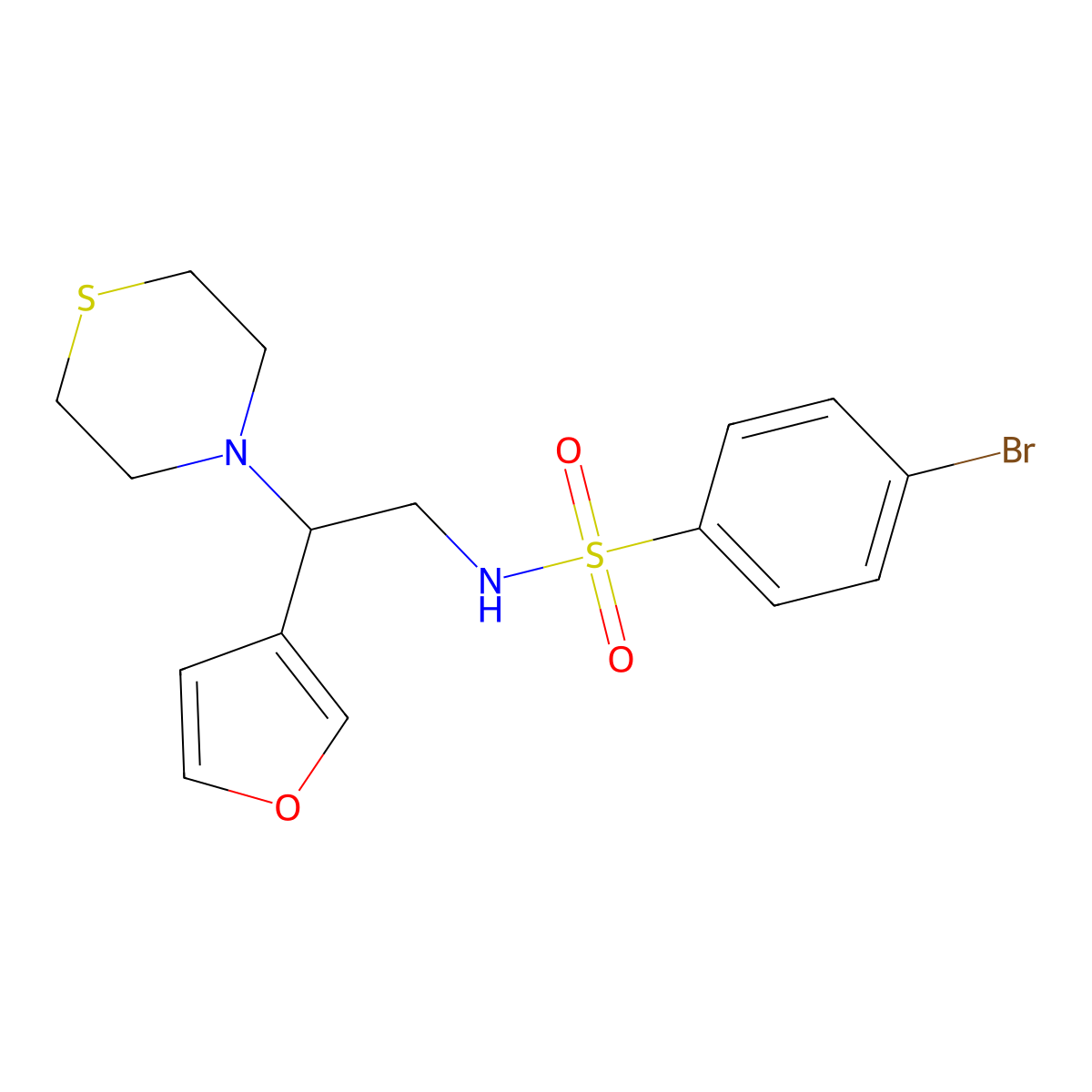 4-bromo-N-(2-(furan-3-yl)-2-thiomorpholinoethyl)benzenesulfonamide molecular structure, CAS 2034573-80-1
