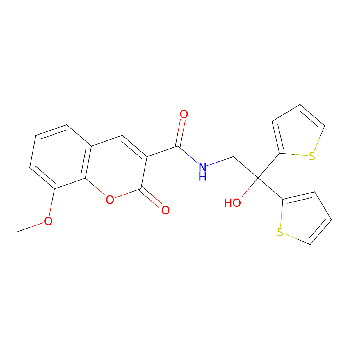 N-(2-hydroxy-2,2-di(thiophen-2-yl)ethyl)-8-methoxy-2-oxo-2H-chromene-3-carboxamide molecular structure, CAS 2034573-86-7