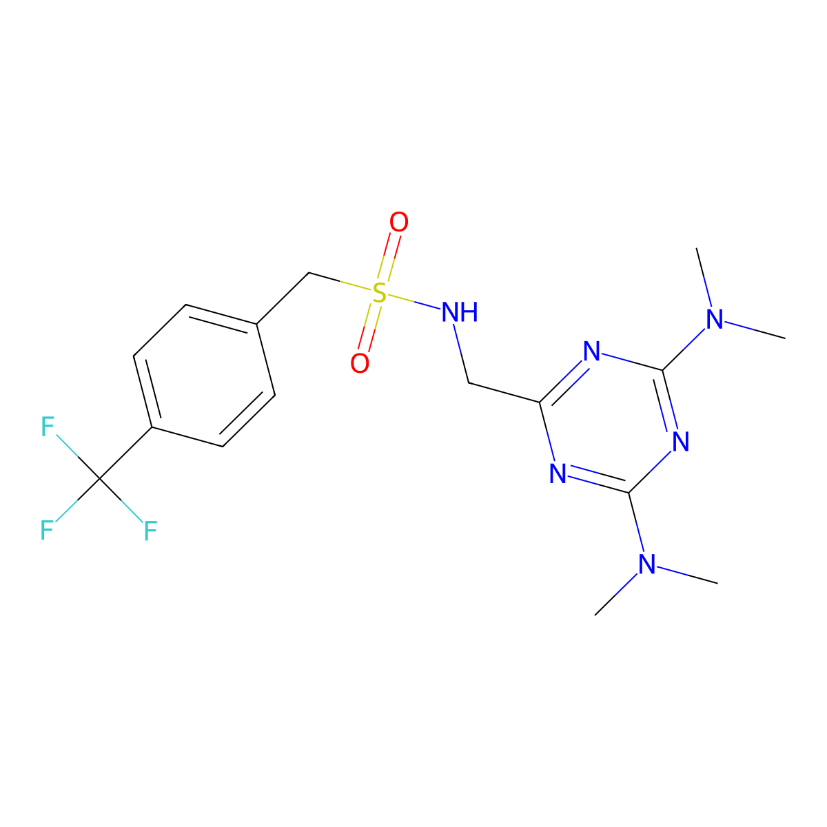 N-((4,6-bis(dimethylamino)-1,3,5-triazin-2-yl)methyl)-1-(4-(trifluoromethyl)phenyl)methanesulfonamide molecular structure, CAS 2034573-87-8